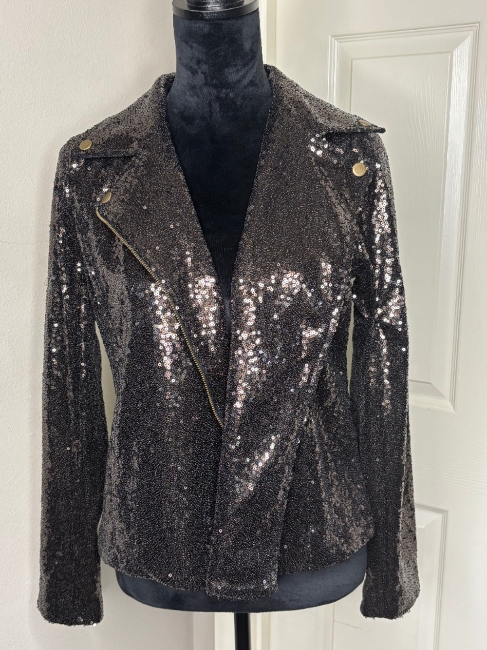 NWT Colleen Lopez Luxe Sequin Moto Jacket - Black (Size S)
